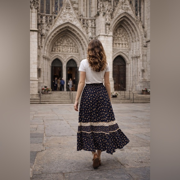 Upcycled Gunne Sax, Jessica’s Gunnies maxi skirt Floral Navy Maxi Skirt twee